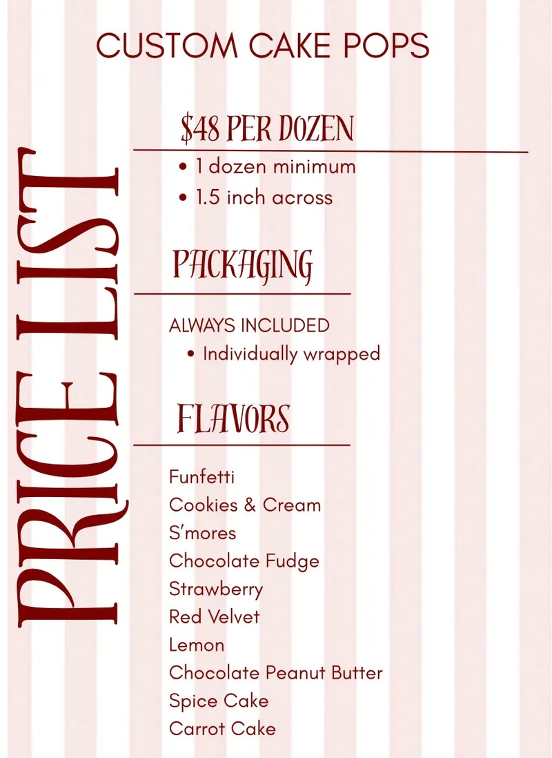 EG Bakes cake pop price list, packaging options, and available flavors. Flavor options are also listed in the Cake-Pop Flavors checkboxes on this form.